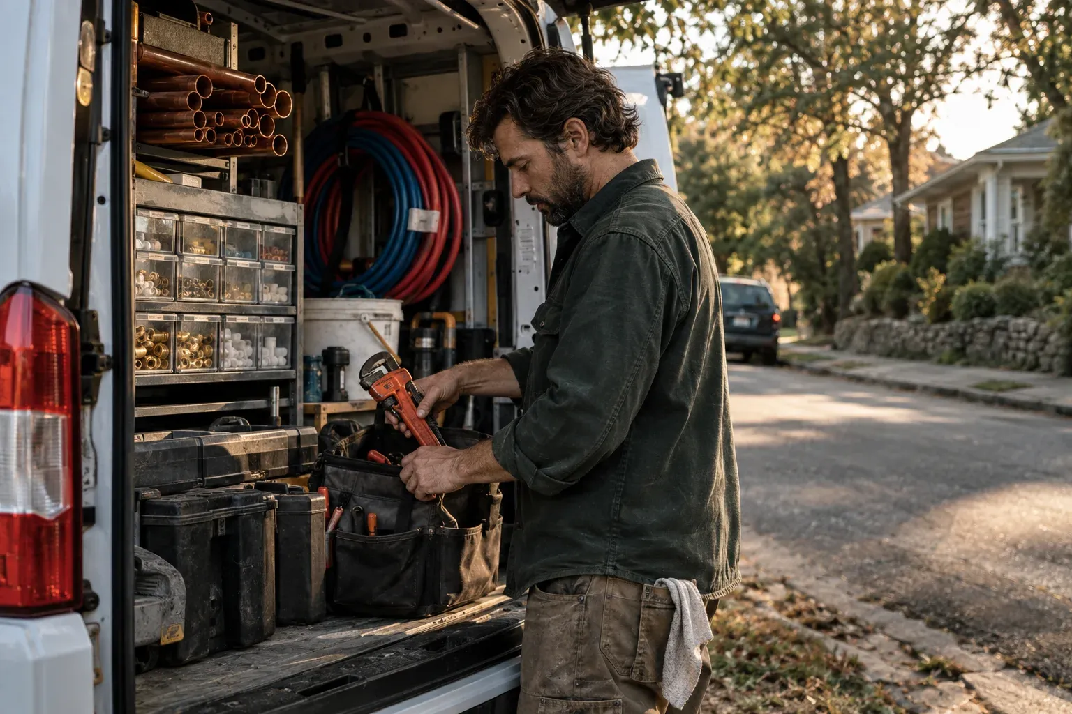 Illustrative photo of a plumbing company owner at the back of his work van, packing a pipe wrench.