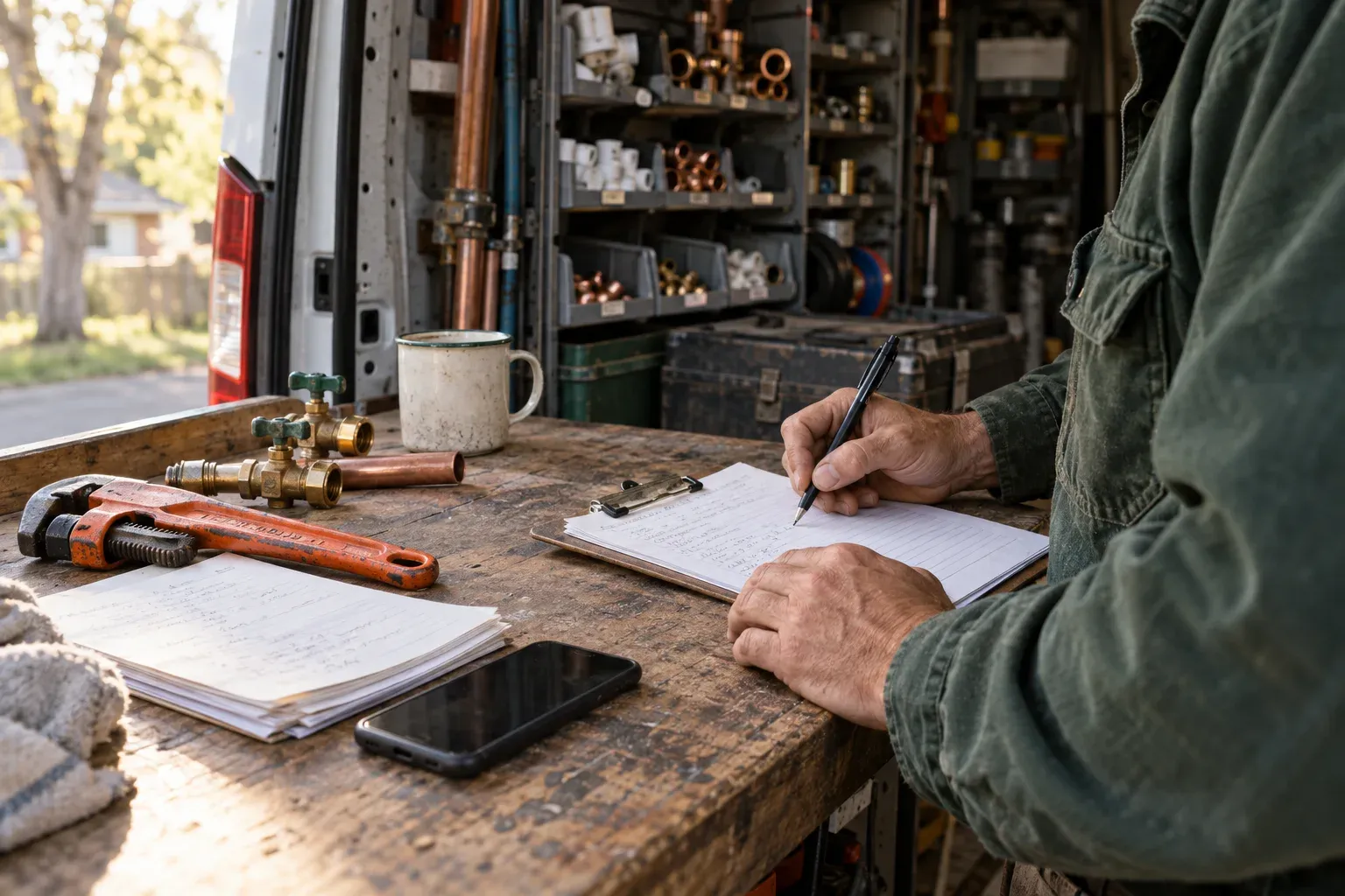Illustrative photo of a plumber writing job notes on a clipboard at a workbench in his van.
